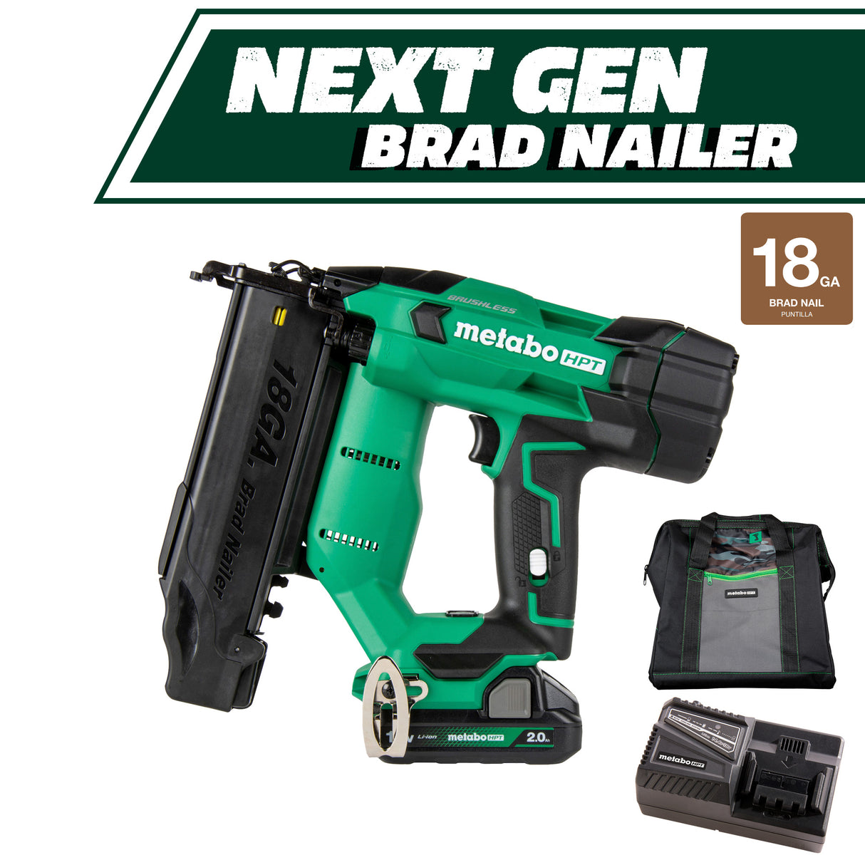 metabo HPT 18V MultiVolt™ Brushless 18-Gauge Compact Brad Nailer (1x2.0Ah) NT1850DFT