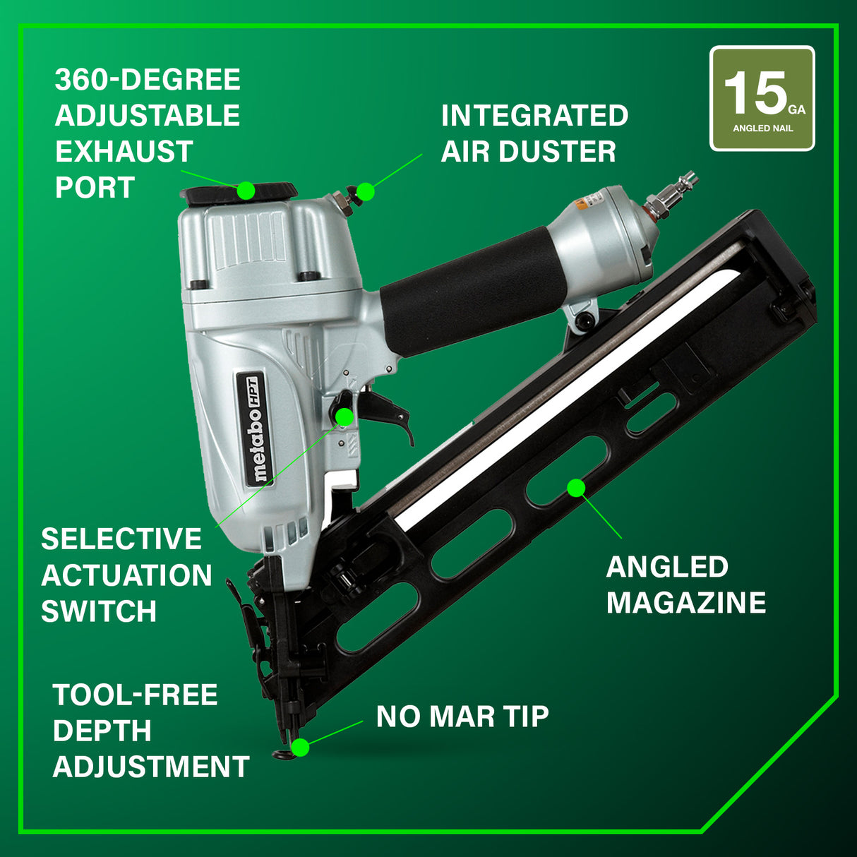 metabo HPT NT65MA4M 2-1/2 Inch 15 Gauge Angled Finish Nailer with Air Duster
