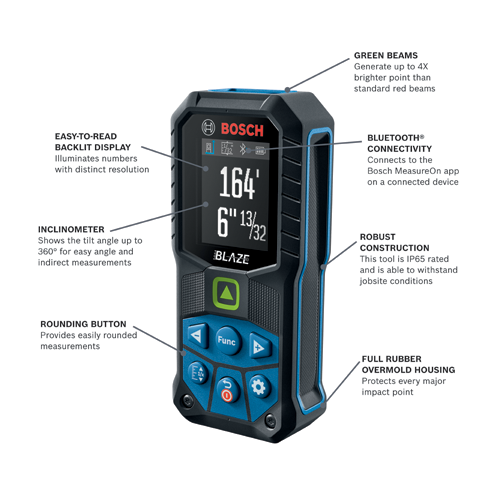 BOSCH GLM165-27CGL BLAZE™ Connected Green-Beam 165 Ft. Laser Measure with (1) 3.7V Lithium-Ion 1.0 Ah Battery