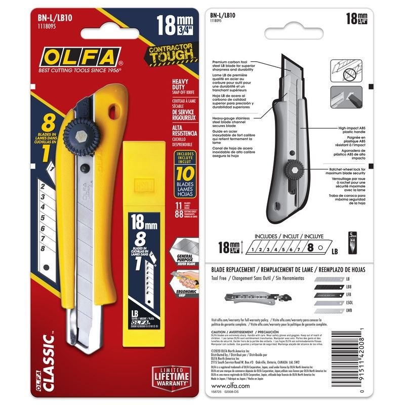 OLFA BN - L/LB10 18mm Heavy - Duty Snap - Off Utility Knife with 10 - Pack Silver Snap - Off Blades - Mississauga Hardware Centre Inc