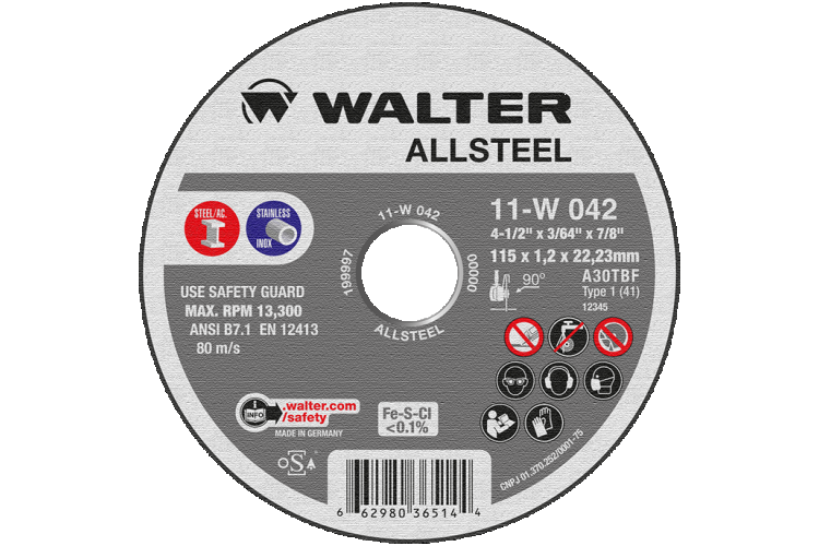 Walter Allsteel cutting disc with various certifications and specifications on a black background
