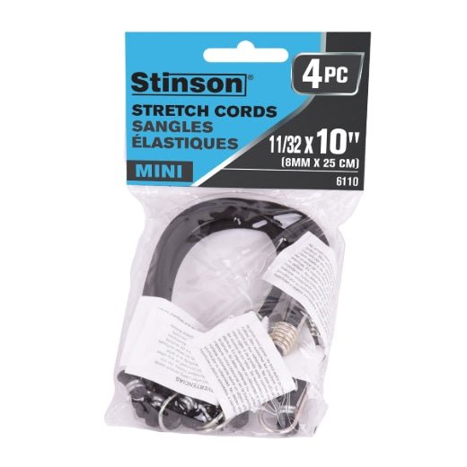 Stinson Cargo 406110 4PK Tie Down Bungee Stretch Cord Mini 10in Black - Mississauga Hardware Centre Inc