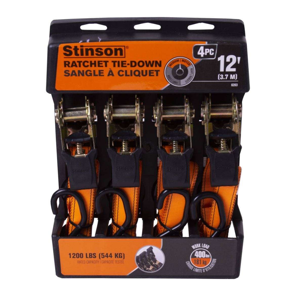 Stinson Cargo 406203 4Pk Tie Down Ratchet Strap 1in x 12ft 400lb - Mississauga Hardware Centre Inc