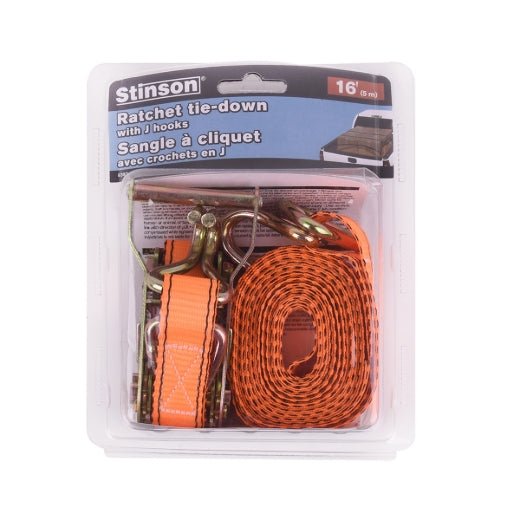 Stinson Cargo 406392 Tie Down Ratchet Strap with J - Hooks 1in x 16ft 800lb - Mississauga Hardware Centre Inc