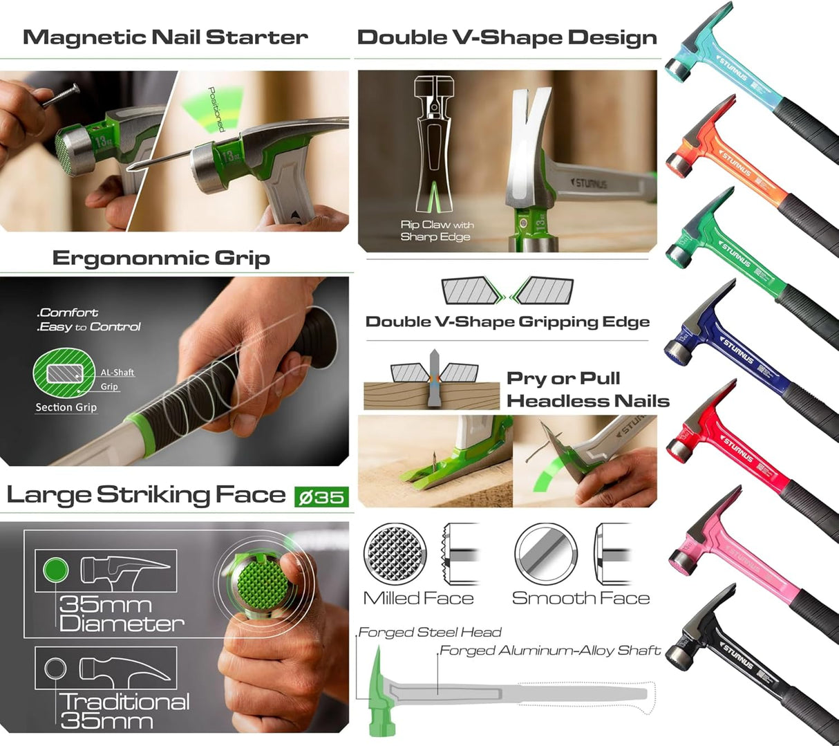 Sturnus Green Velocity Rip Claw Hammer – 13oz, Short Handle, Milled Face - Mississauga Hardware Centre Inc