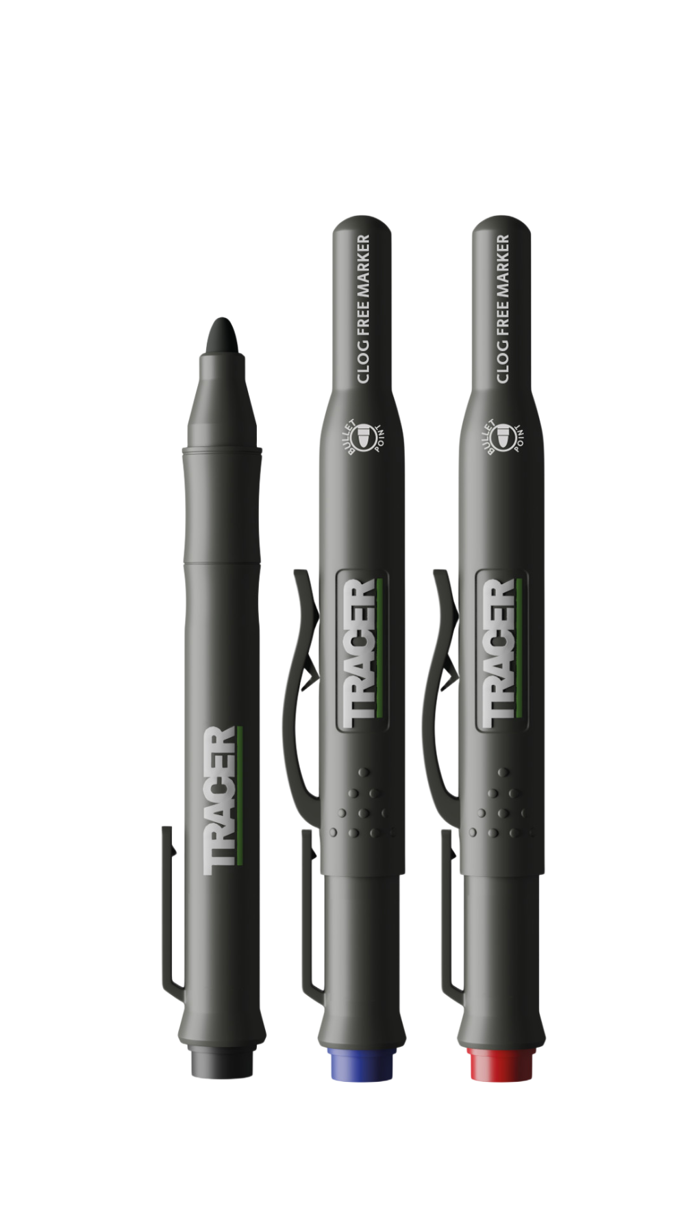 Three Tracer markers on a white background