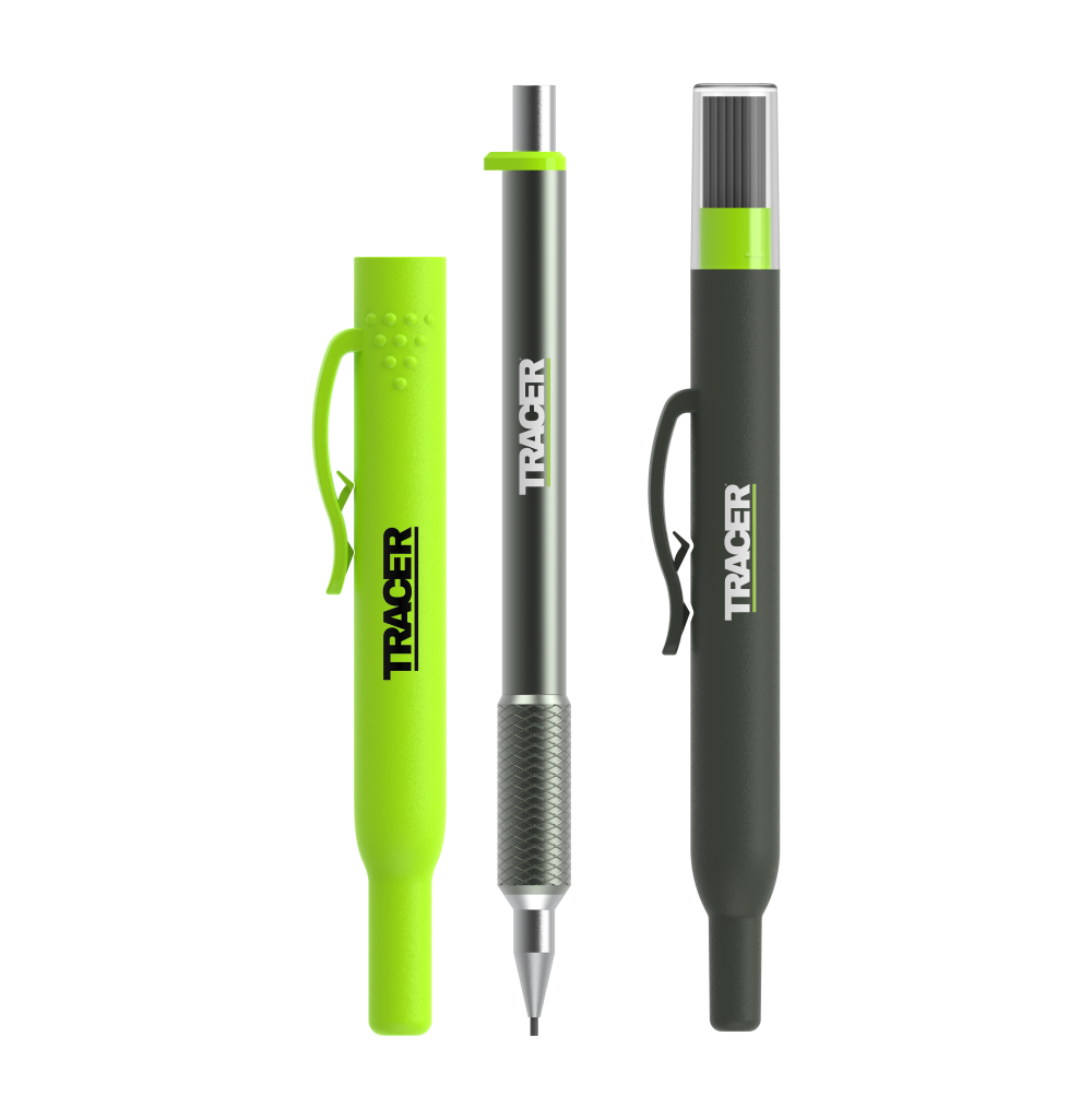 Three pens with green accents and 'Tracer' branding on a white background