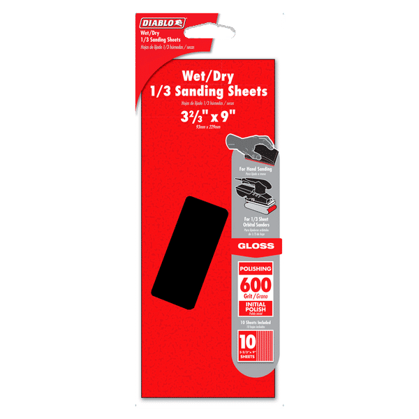 DIABLO DCS323600S10W Wet/Dry 1/3 Sheet (3-2/3 in x 9") 600-Grit (Polishing) Sanding Sheet (10-pc)