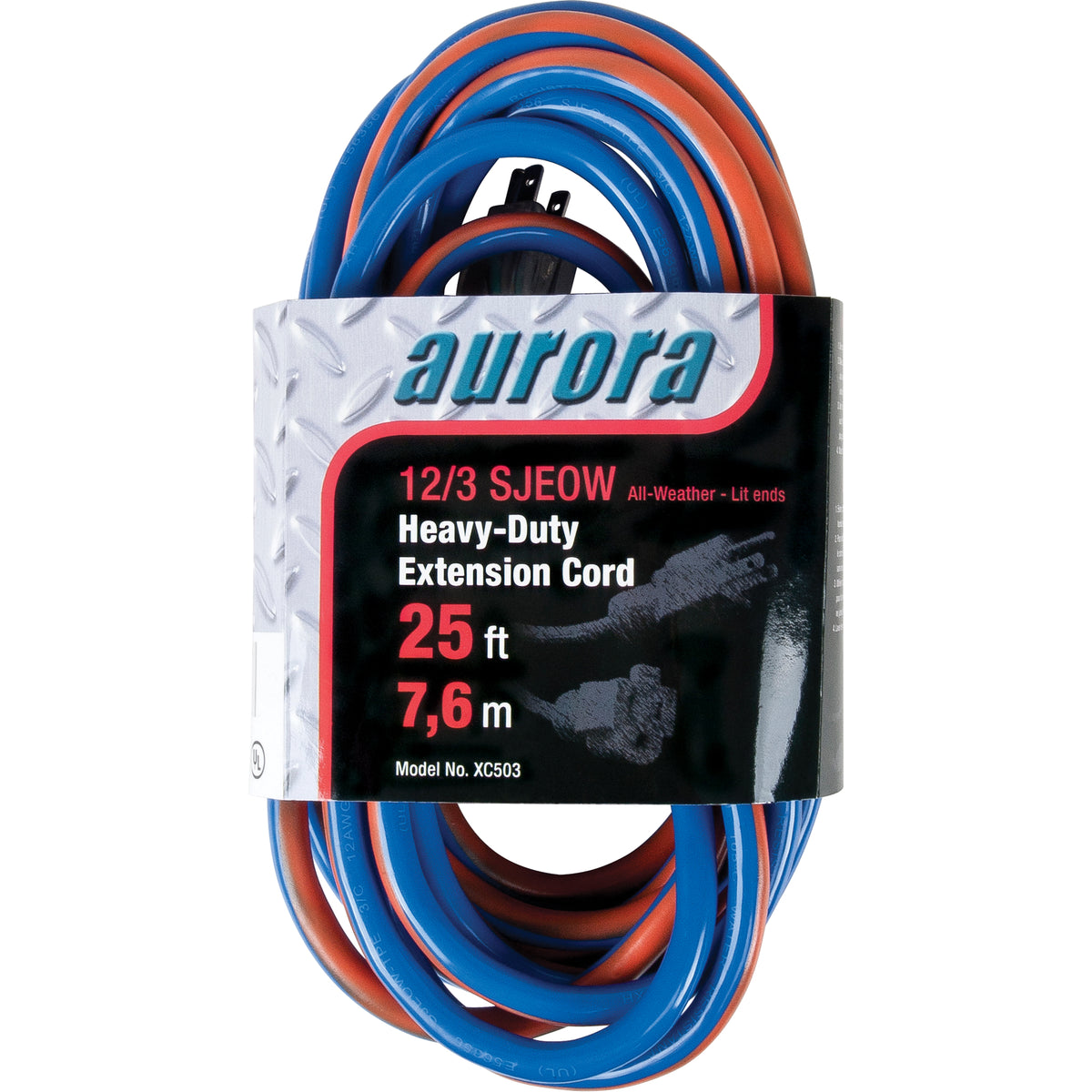 AURORA TOOLS XC503 TPE-Rubber Extension Cord With Light Indicator, All-Weather, SJEOW, 12/3 AWG, 15 A - 25ft