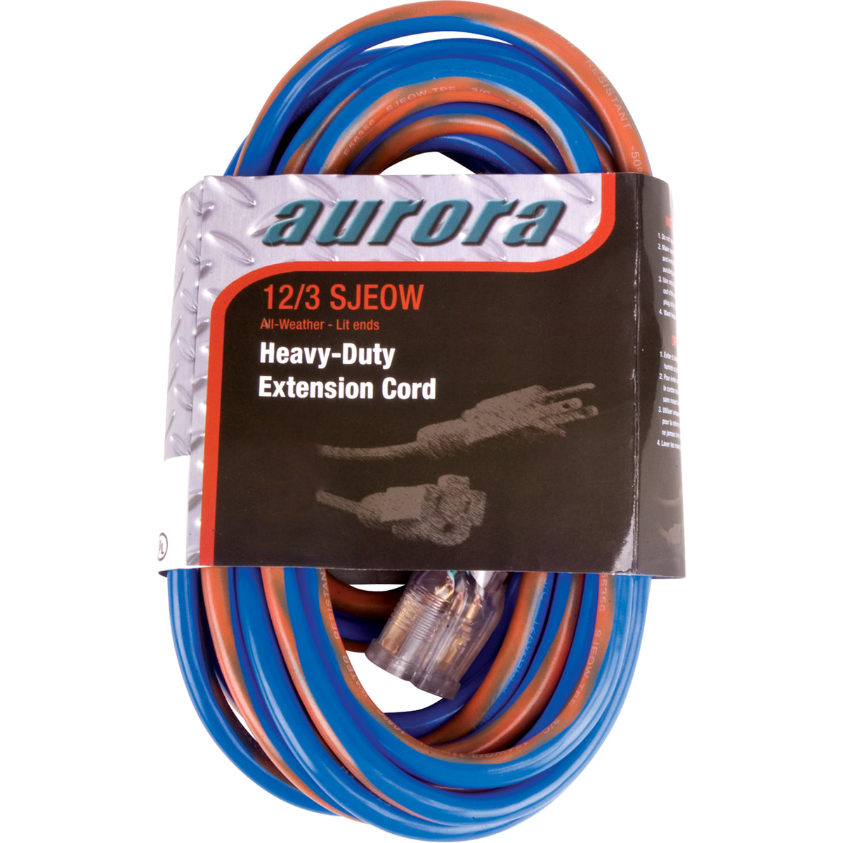 AURORA TOOLS XC504 TPE-Rubber Extension Cord With Light Indicator, All-Weather, SJEOW, 12/3 AWG, 15 A - 50ft