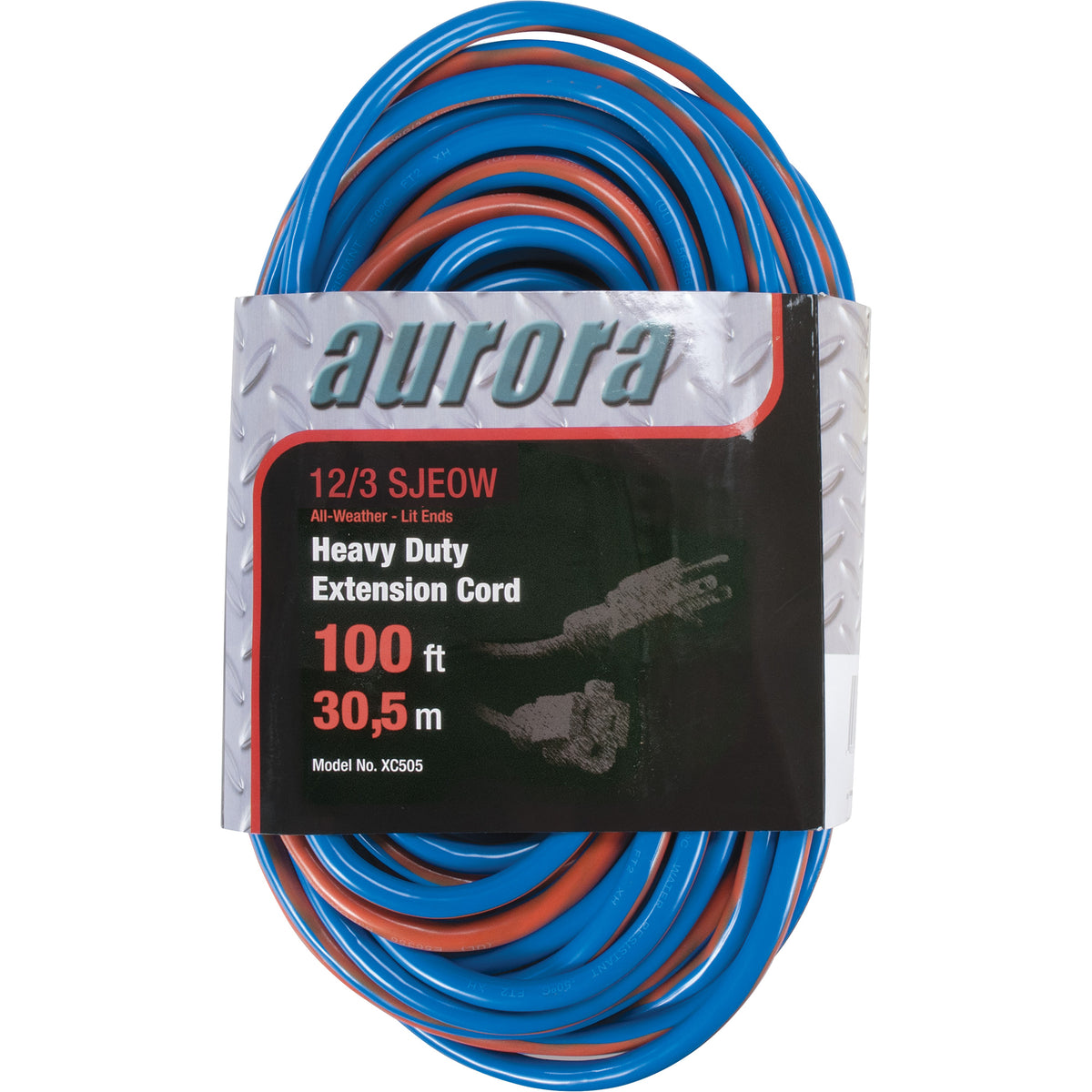 AURORA TOOLS XC505 TPE-Rubber Extension Cord With Light Indicator, All-Weather, SJEOW, 12/3 AWG, 15 A - 100ft