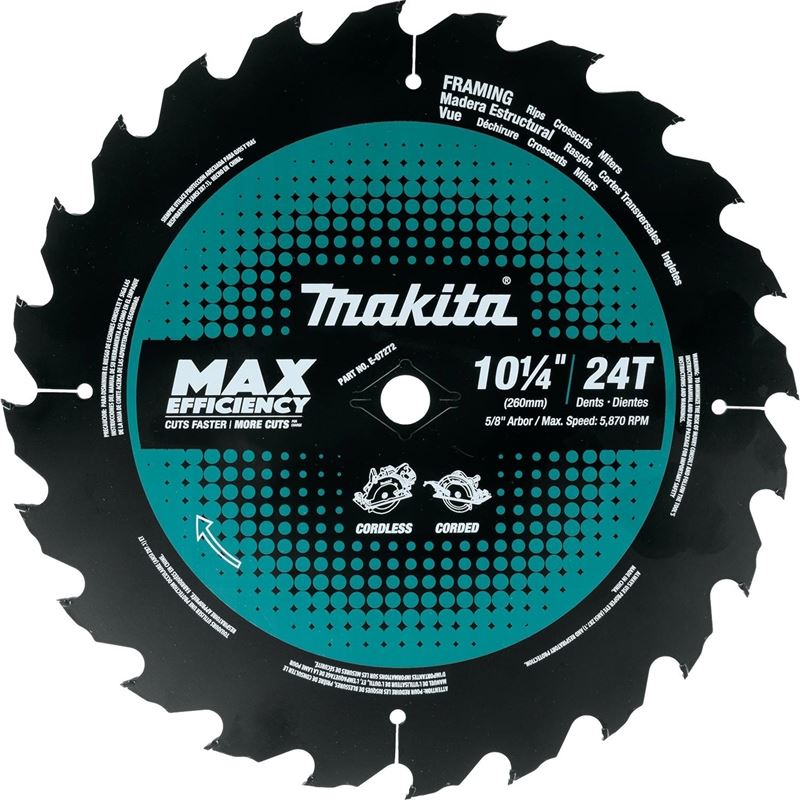 MAKITA E-07272 10-1/4 in 24T Carbide Tipped Max Efficiency Circular Saw Blade, Framing