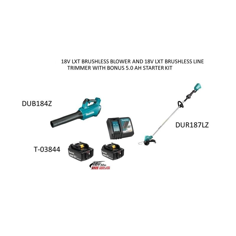 Makita 18V LXT BRUSHLESS BLOWER AND 18V LXT BRUSHLESS LINE TRIMMER WITH BONUS 5.0Ah STARTER KIT