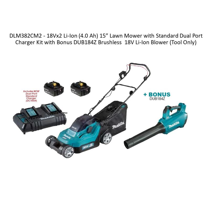 Makita DLM382CM2 18Vx2 Li-Ion (4.0 Ah) 15 in Lawn Mower with Standard Dual Port Charger Kit with Bonus DUB184Z Brushless 18V Li-Ion Blower (Tool Only)