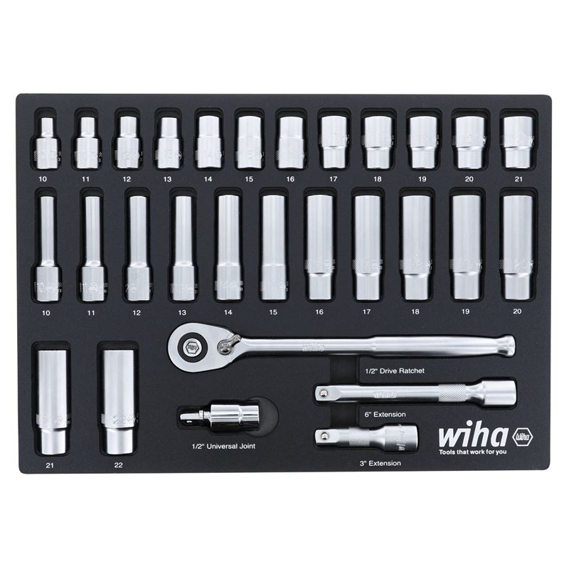 WIHA 33895 29 Piece 1/2†Drive Professional Standard and Deep Socket Tray Set - Metric