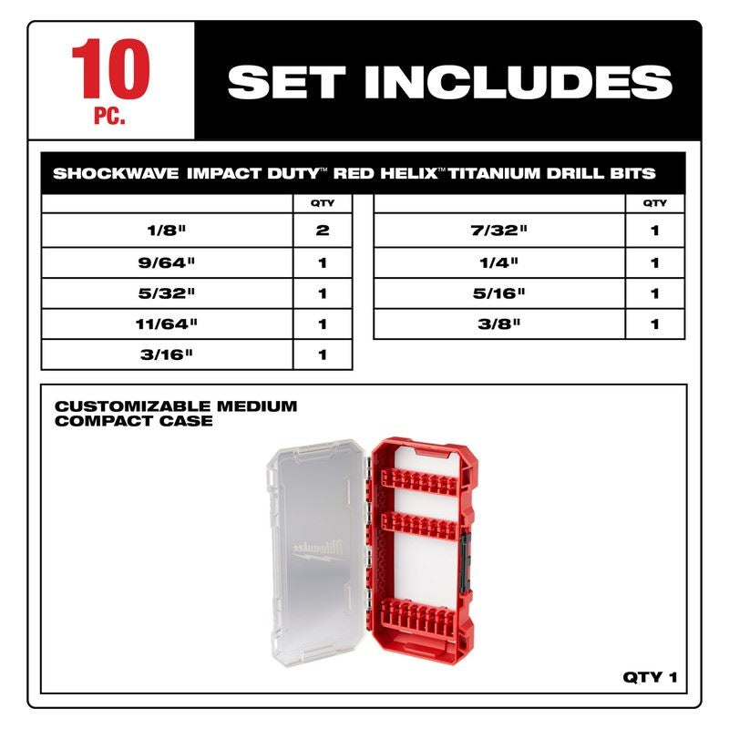 Milwaukee 48-89-4633 SHOCKWAVE Impact Duty RED HELIX Titanium Drill Bit Set - 10PC