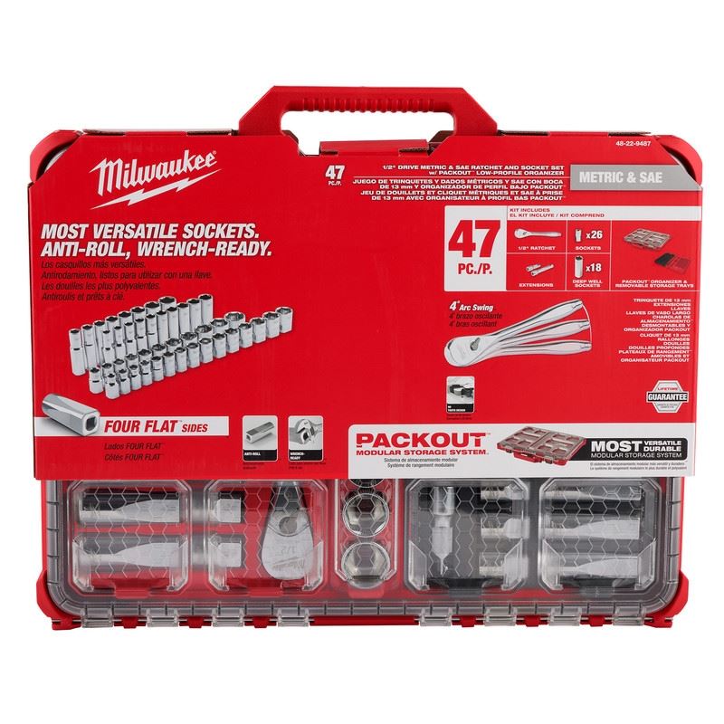 Milwaukee 48-22-9487 47pc 1/2in Drive Ratchet Socket Set with PACKOUT Organizer