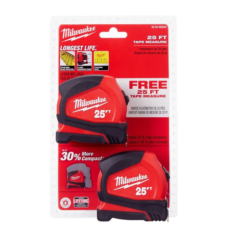 Milwaukee 48-22-6625G 25ft Compact Tape Measure - 2 Pack