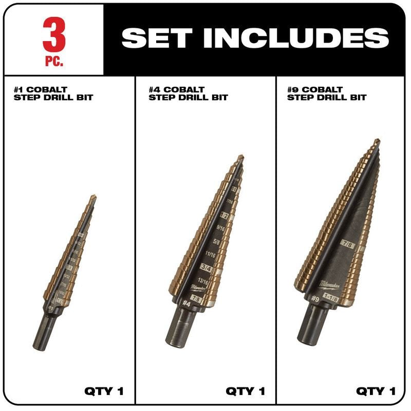 Milwaukee 48-89-9291 3PC COBALT STEP DRILL BIT SET (No.1, No.4, No.9)