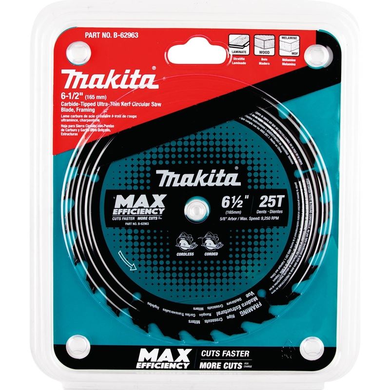 Makita B-62963 6‑1/2in 25T Carbide‑Tipped Max Efficiency Circular Saw Blade