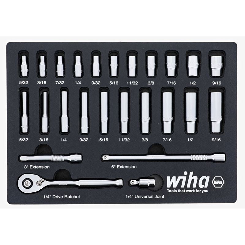 WIHA 33396 25 Piece 1/4†Drive Professional Standard and Deep Socket Tray Set - SAE