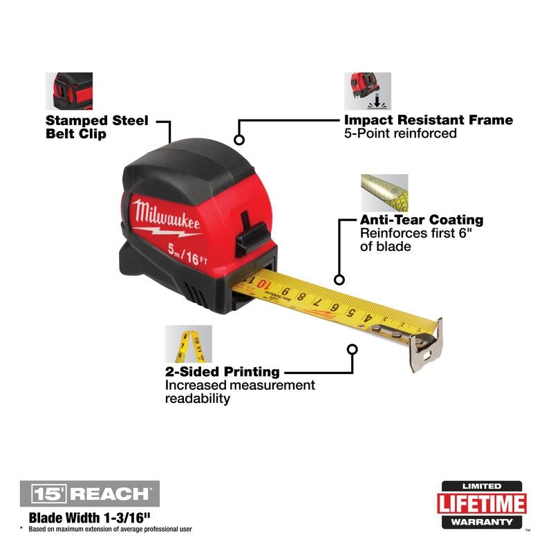 Milwaukee 48-22-0417 5M/16ft Compact Wide Blade Tape Measure