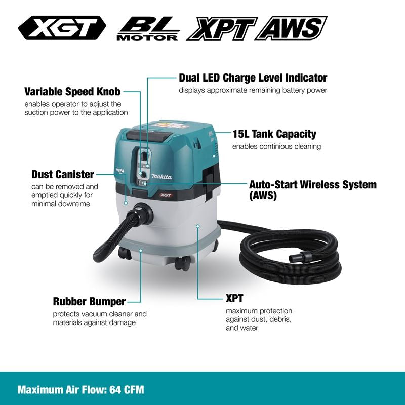 Makita VC004GLZ02 40V max XGT Li-Ion Brushless Cordless 15.0 L (4.0 Gal.) Dry Vacuum Cleaner w/AWS and XPT (Tool Only)