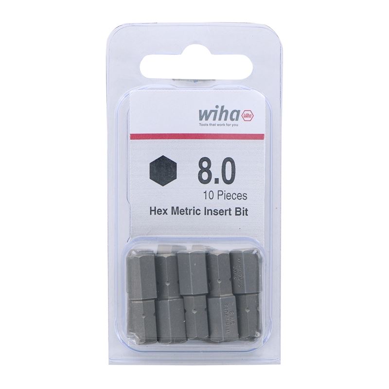 Wiha Hex Metric Insert Bit 8.0 x 25mm Pack of 10 Bits