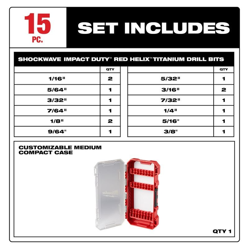 Milwaukee 48-89-4670 SHOCKWAVE Impact Duty RED HELIX Titanium Drill Bit Set - 15PC