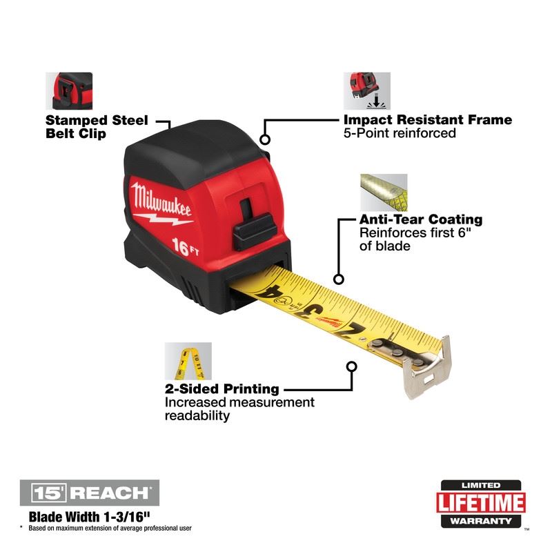 Milwaukee 48-22-0416 16FT Compact Wide Blade Tape Measure