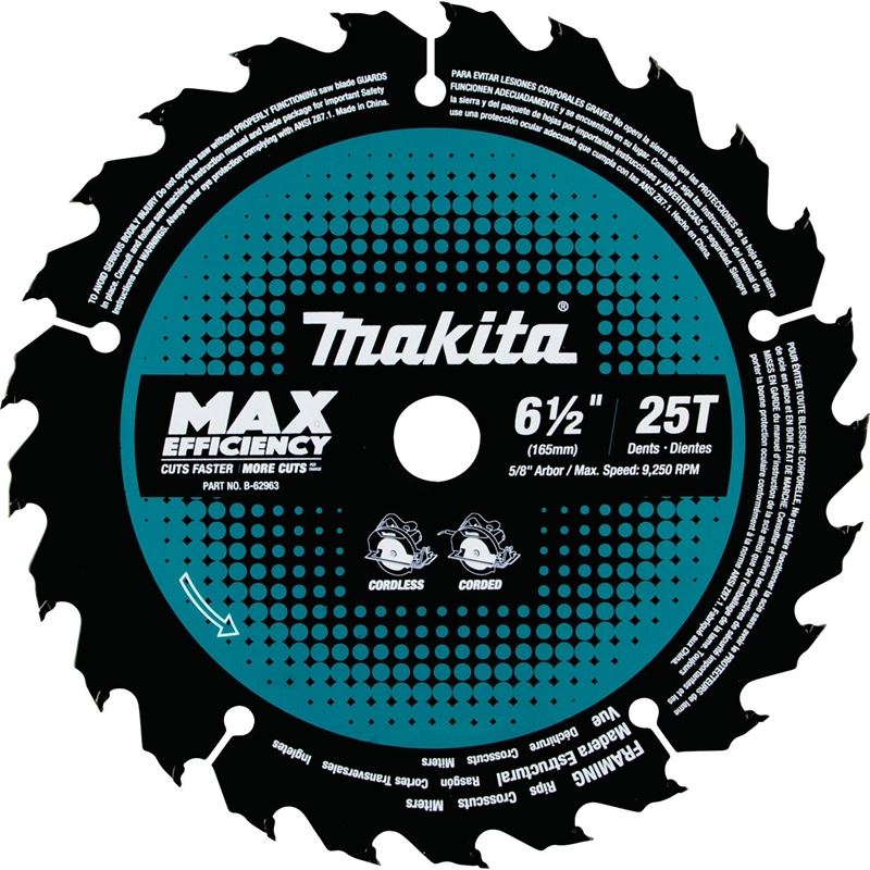 Makita B-62963 6‑1/2in 25T Carbide‑Tipped Max Efficiency Circular Saw Blade