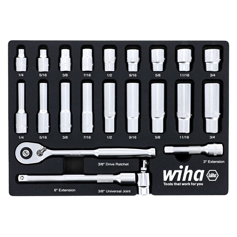 WIHA 33796 22 Piece 3/8†Drive Professional Standard and Deep Socket Tray Set - SAE