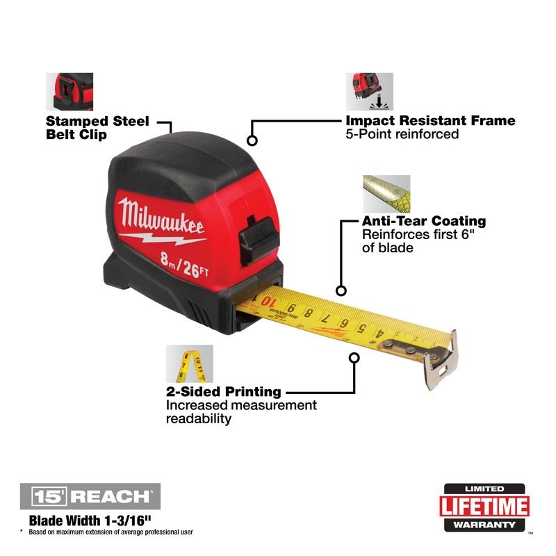 Milwaukee 48-22-0426 8M/26FT Compact Wide Blade Tape Measure