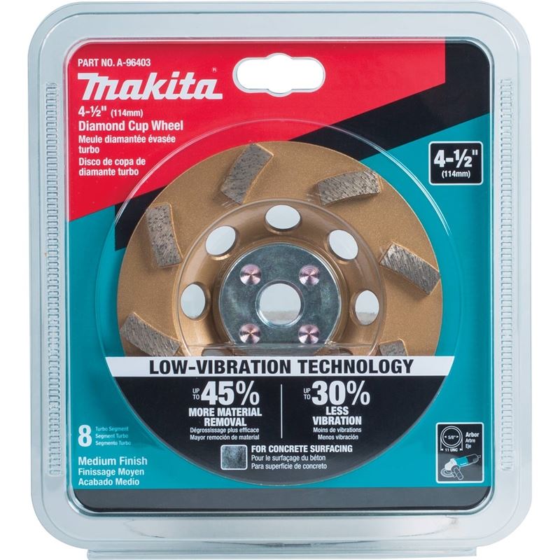 Makita A-96403 4-1/2in Low Vibration Diamond Cup Wheel, 8 Segment Turbo