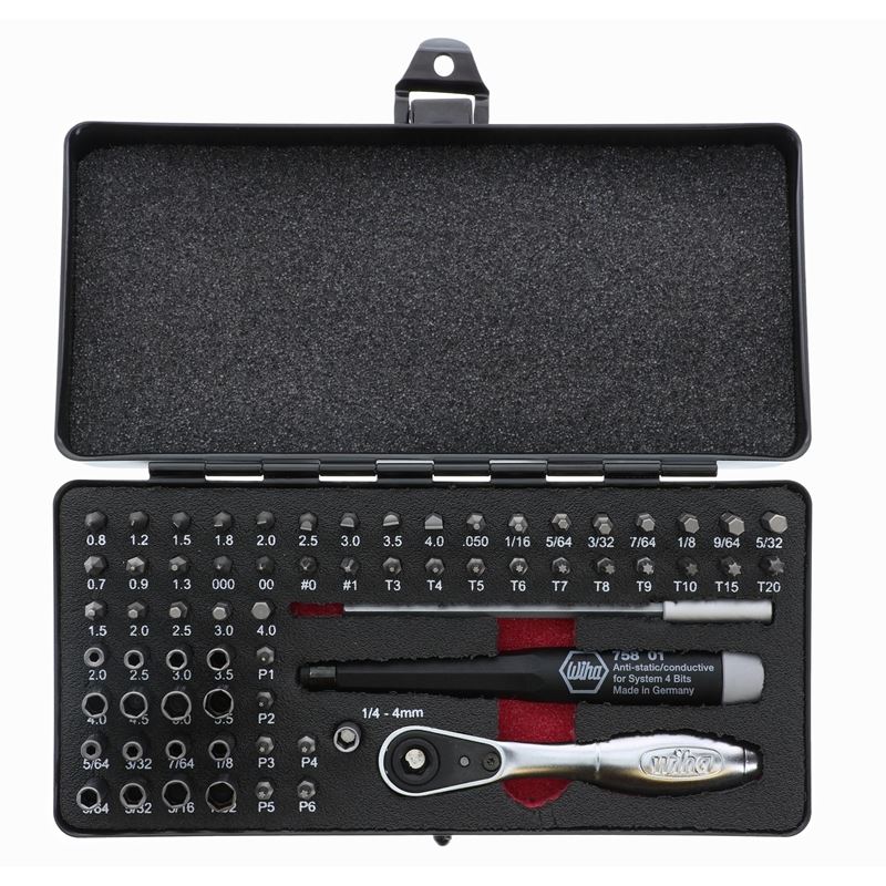 Wiha Master Tech 65 Piece Set - ESD Handle, Mini Ratchet and MicroBits In Metal Storage Box