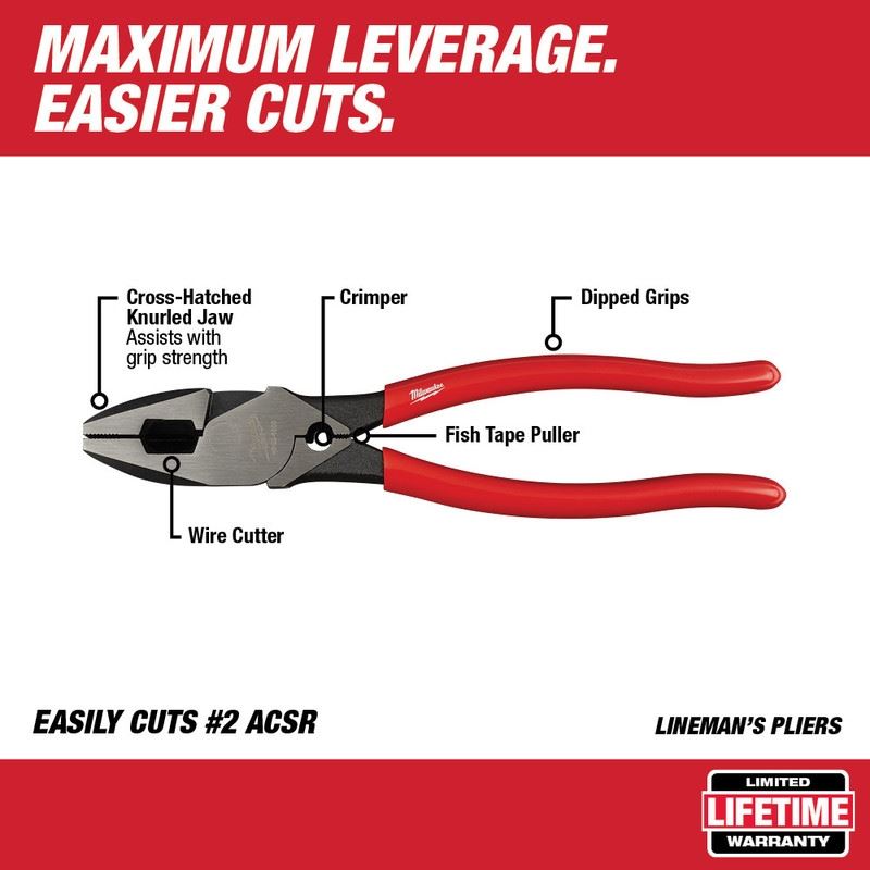 Milwaukee 48-22-6500 High-Leverage Lineman's Pliers with Crimper