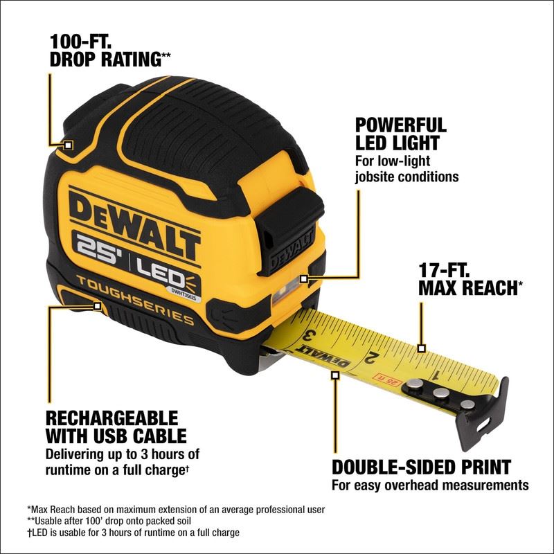 DEWALT DWHT35625S TOUGHSERIES 25 FT Lighted Tape Measure