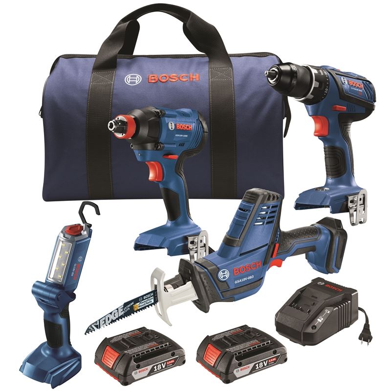 Bosch GXL18V - 496B22 18 V 4 - Tool Combo Kit with Compact Tough 1/2 In. Drill/Driver, 1/4 In. and 1/2 In. Two - In - One Bit/Socket Impact Driver, Compact Reciprocating Saw and LED Worklight - Mississauga Hardware Centre IncBOSCHGXL18V-496B22