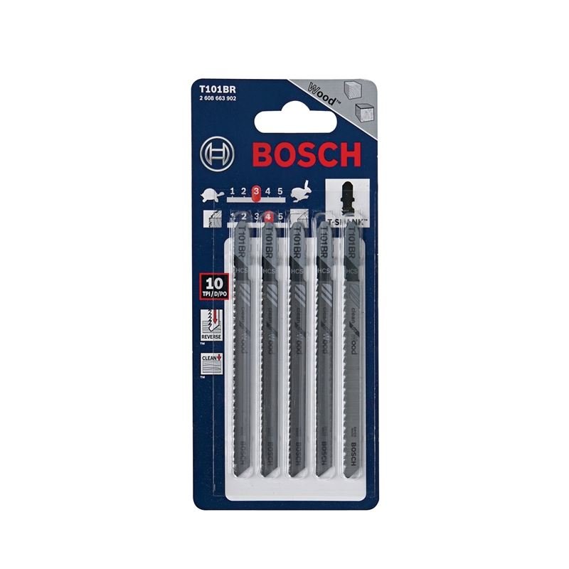 Bosch T101BR 5 Pieces 4 In. 10 TPI Reverse Pitch Clean for Wood T - Shank Jig Saw Blades - Mississauga Hardware Centre IncBOSCHT101BR