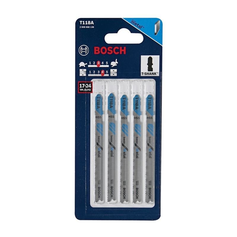 Bosch T118A 5 pieces 3 - 5/8 In. 17 - 24 TPI Basic for Metal T - Shank Jig Saw Blades - Mississauga Hardware Centre IncBOSCHT118A