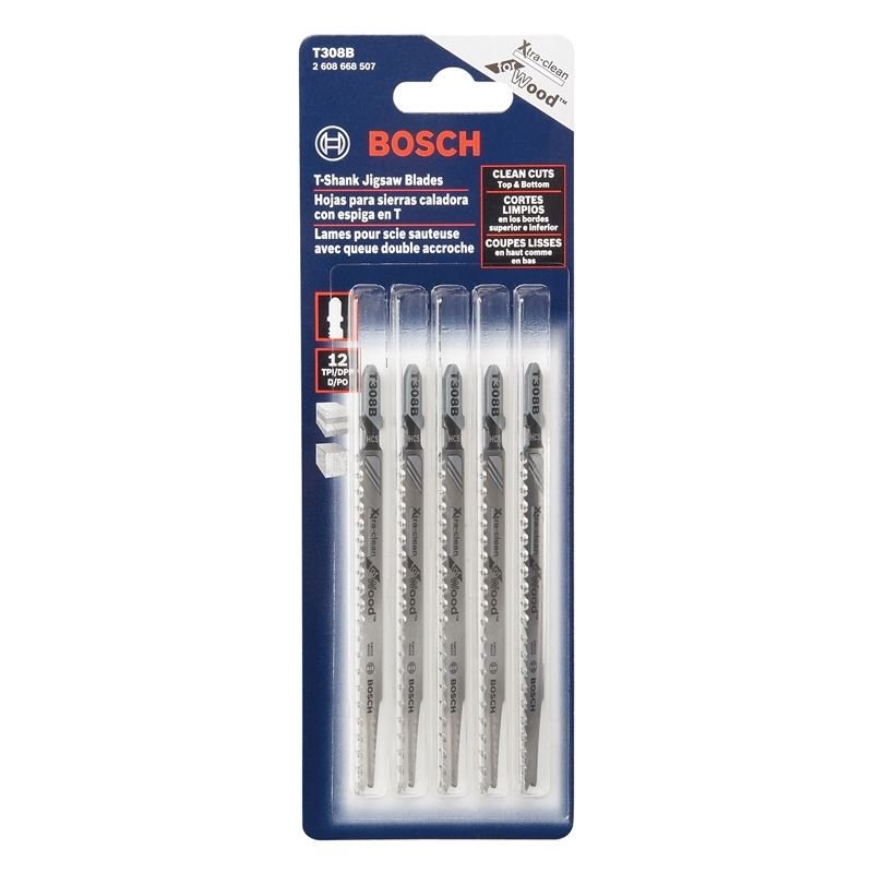 Bosch | T308B 5 Pieces 4 - 1/2" 12 TPI Extra Clean for Wood T - Shank Jig Saw Blades - Mississauga Hardware Centre IncBOSCHT308B