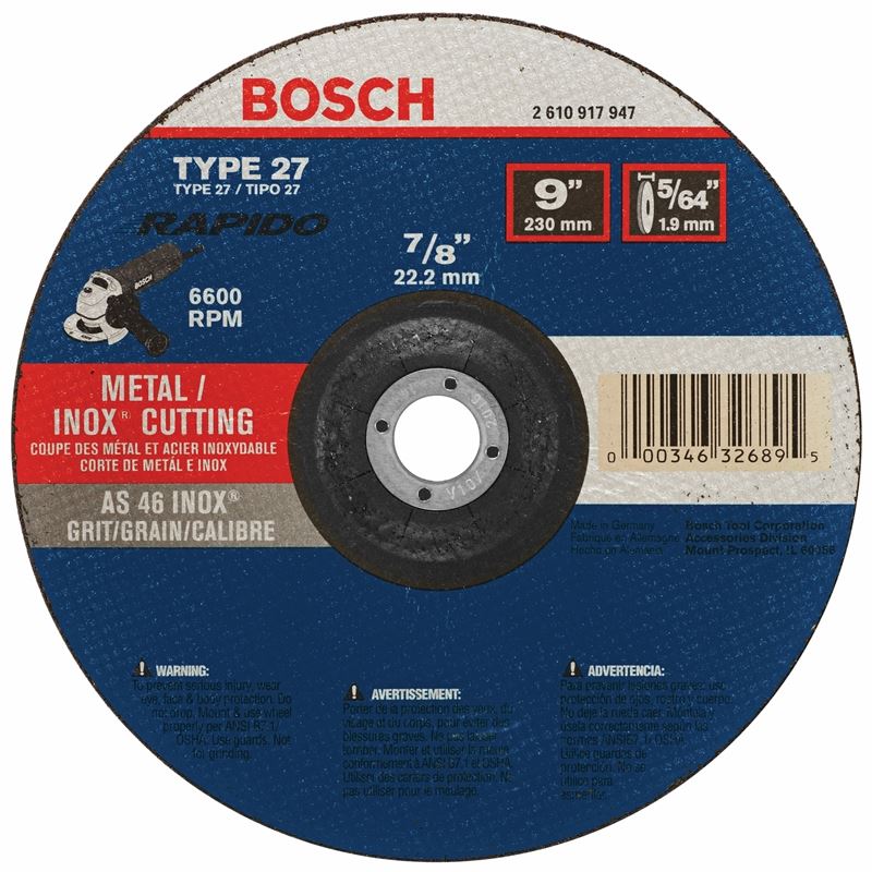 Bosch | TCW27S900 9 In. 5/64 In. 7/8 In. Arbor Type 27A (ISO 42) 46 Grit Rapido Fast Metal/Stainless Cutting Abrasive Wheel - Mississauga Hardware Centre IncBOSCHTCW27S900