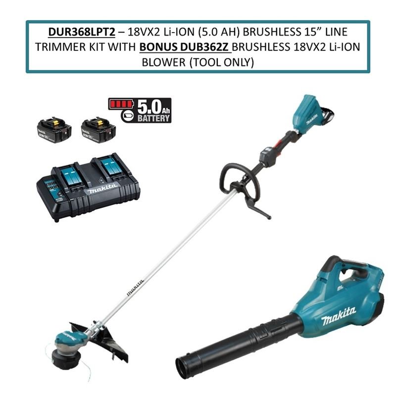 Makita DUR368LPT2 18VX2 (36V) Li - Ion (5.0 Ah) Brushless 15 in Line Trimmer Kit with Bonus DUB362Z (18VX2) Turbo Brushless Blower (Tool Only) - Mississauga Hardware Centre IncMakitaDUR368LPT2