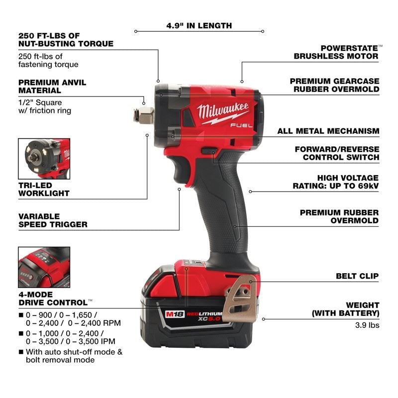 Milwaukee 2855 - 22R M18 FUEL 1/2 in Compact Impact Wrench w/ Friction Ring Kit - Mississauga Hardware Centre Inc