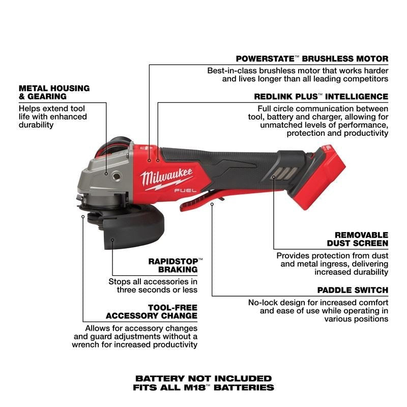 Milwaukee 2888 - 20 M18 FUEL 4 - 1/2in / 5in Variable Speed Braking Grinder, Paddle Switch No - Lock - Mississauga Hardware Centre Inc