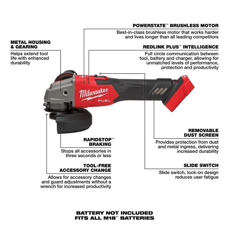 Milwaukee 2889 - 20 M18 FUEL 4 - 1/2in / 5in Variable Speed Braking Grinder, Slide Switch Lock - On - Mississauga Hardware Centre Inc