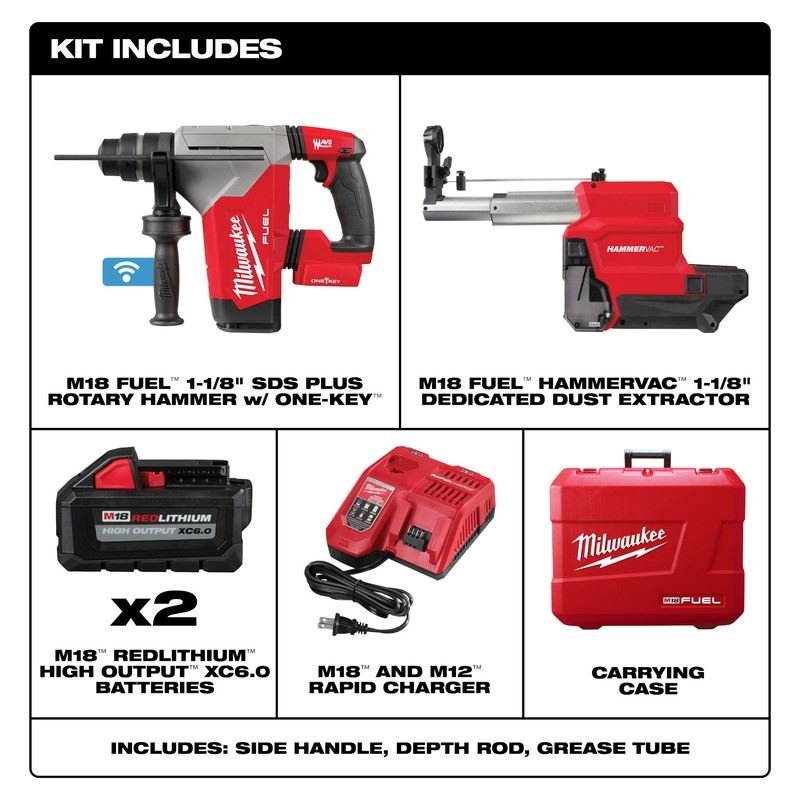 Milwaukee 2915 - 22DE M18 FUEL 1 - 1/8in SDS Plus Rotary Hammer w/ ONE - KEY and HAMMERVAC Dedicated Dust Extractor Kit - Mississauga Hardware Centre Inc