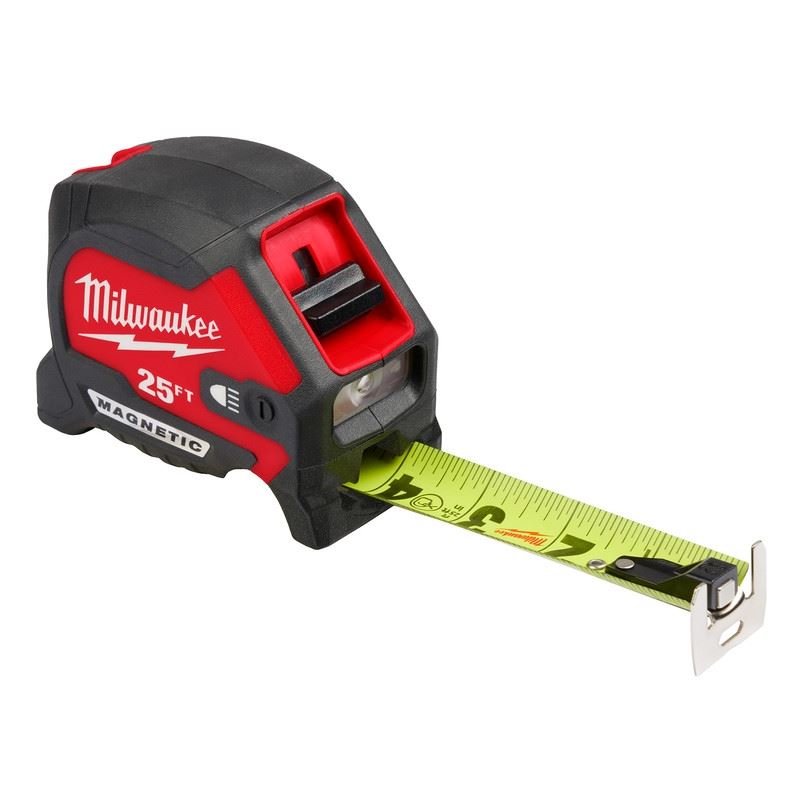 Milwaukee 48 - 22 - 0428 25ft Compact Wide Blade Magnetic Tape Measure w/ Rechargeable 100L Light - Mississauga Hardware Centre Inc