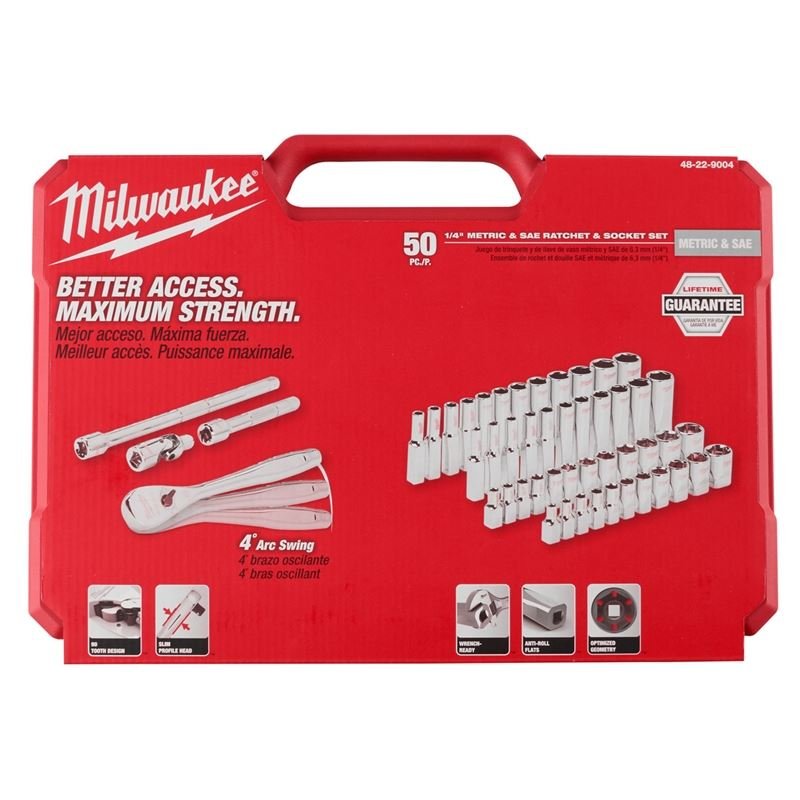 Milwaukee 48 - 22 - 9004 1/4 in Drive 50pc Ratchet and Socket Set - SAE and Metric - Mississauga Hardware Centre Inc