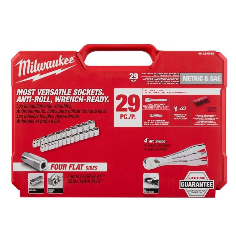Milwaukee 48 - 22 - 9088 29pc 3/8in Drive Metric and SAE Ratchet and Socket Set with FOUR FLAT SIDES - Mississauga Hardware Centre Inc